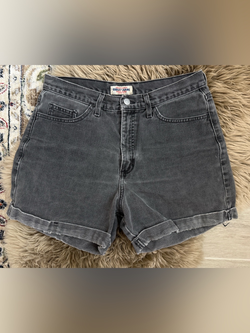 Vintage Guess USA Faded Black Denim Shorts Rolled Cuff High Rise 100% Cotton 32